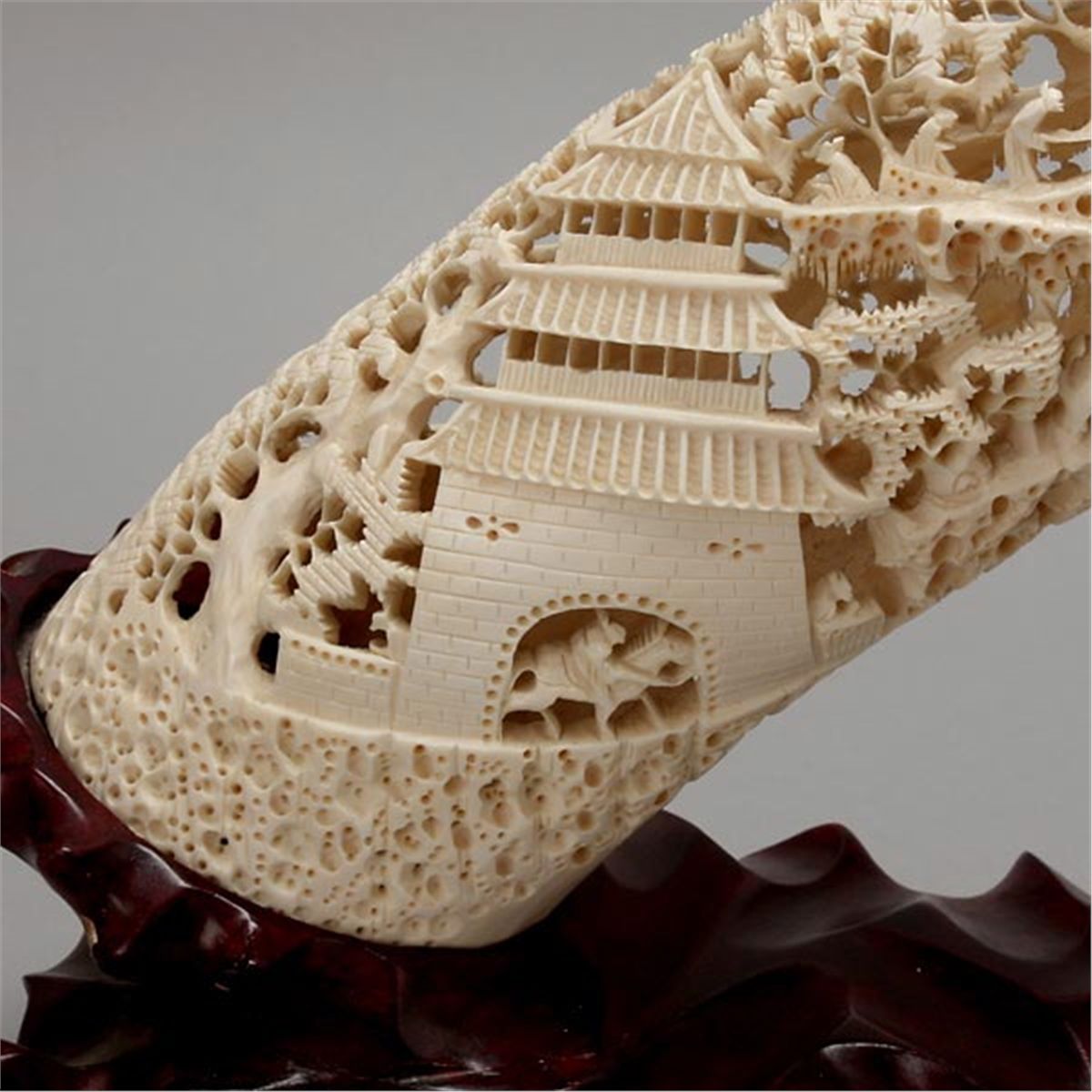 Ivory Expensive A Large Ivory Tusk Carved with Landscape*