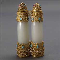 A Double Jade Snuff Bottle Mounted with Gold Cases