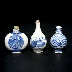 Three Blue and White Porcelain Snuff Bottles