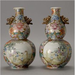 A Pair of Famille Rose-Enameled Double Gourd Vases