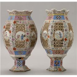 A Pair of Famille Rose-Enameled Porcelain Lanterns