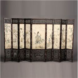A Folding Screen with Embroidered Panels and Inlays