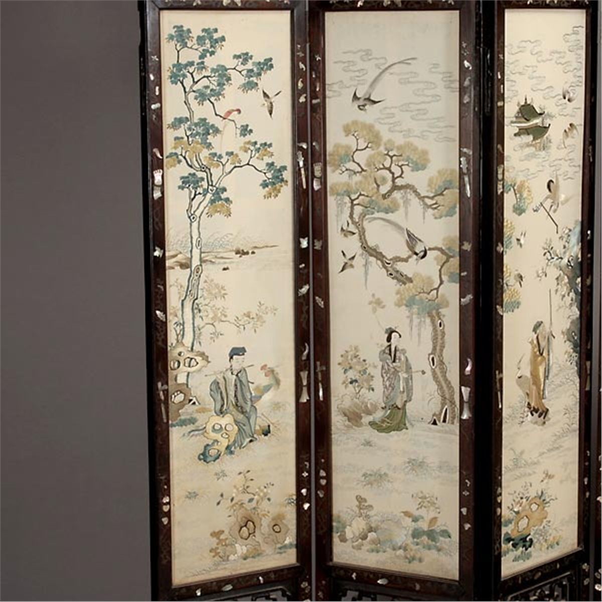 A Folding Screen with Embroidered Panels and Inlays