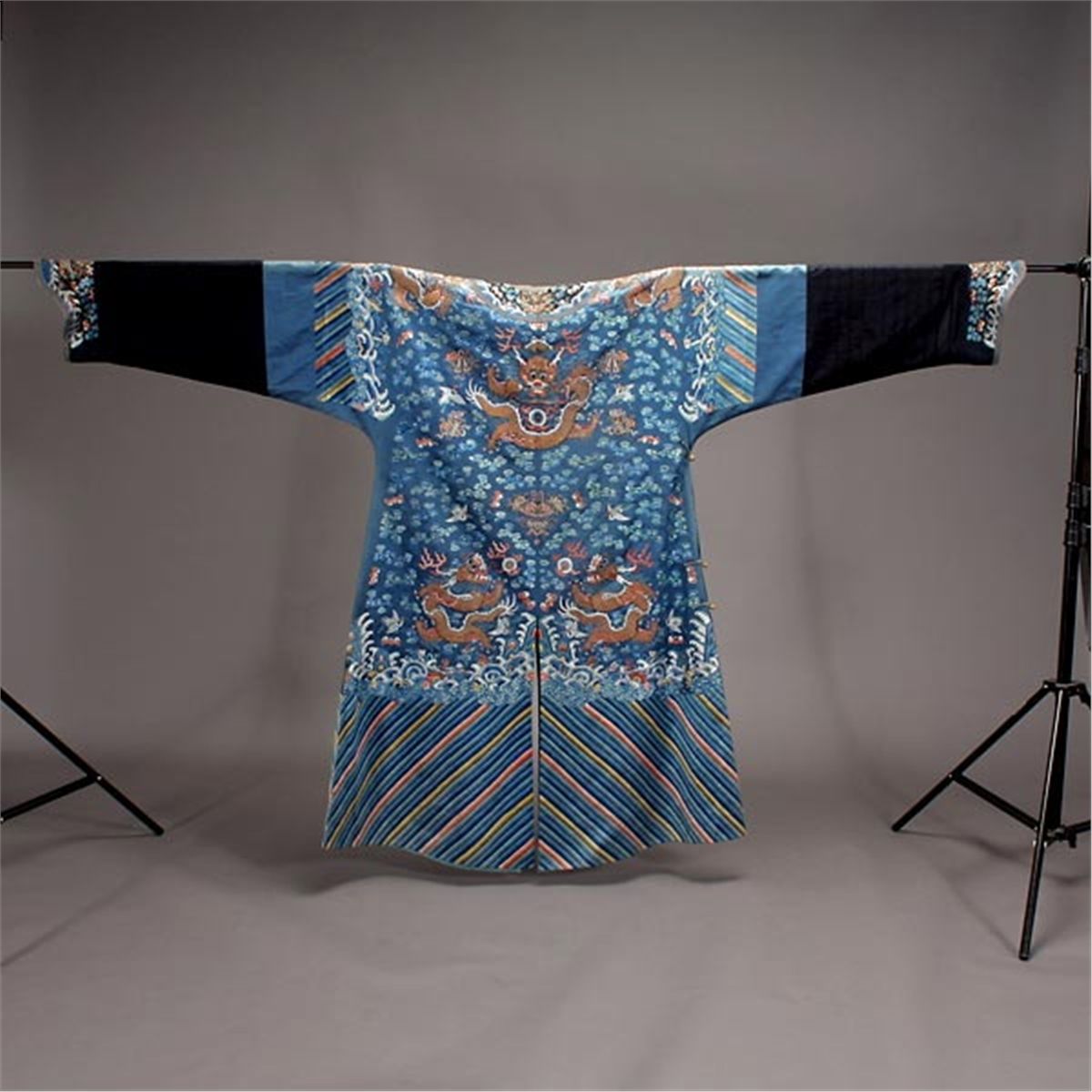 An Embroidered Blue Ground Dragon Robe, Qing