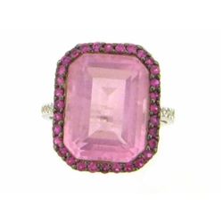 14kw Gold Ring with Pink Quartz, Sapphire & Diamonds
