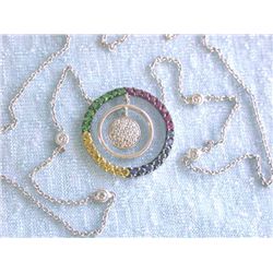 White Gold Necklace w/ Diamonds & Colored Gems Pendant