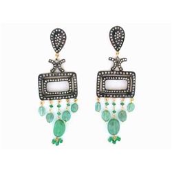 18k Gold and Silver Earrings with Emeralds & Diamonds