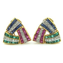 21K Yellow Gold,Emerald,Ruby,Sapphire, Diamond Earrings