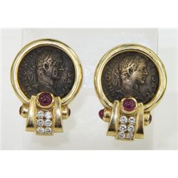 14K Yellow Gold Ancient Coin, Ruby & Diamond Earrings