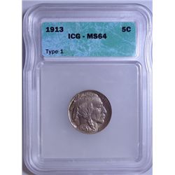 1913 T-1 BUFFALO NICKEL ICG MS-64