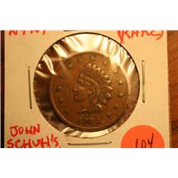 1868 john schuhs salloon ny630 rare indian token