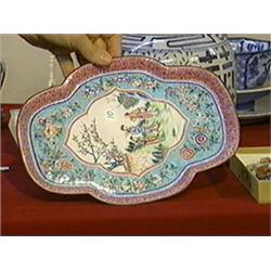 Antique, Chinese Canton enameled copper ogee-form tray with figural panel and floral designs (some o