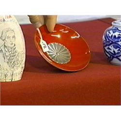 Japanese, red and silver lacquer sake cup with kiku mon on interior and with anniversary inscription