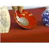 Image 1 : Japanese, red and silver lacquer sake cup with kiku mon on interior and with anniversary inscription