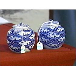 Pair of small, Chinese blue and white porcelain jars and covers of globular form with figures in lan