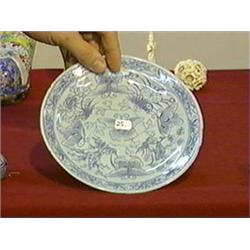 Chinese early 18th Century, celadon and underglaze blue dish, Buddhist mark, Yung Cheng Period (smal