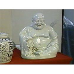 Large and very heavy, old Chinese, lightly crackled white glazed porcelain figure of a seated Putai 