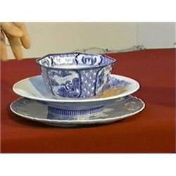 Group of three, old and antique Japanese porcelains: an Arita blue and white bowl (small repair), a 