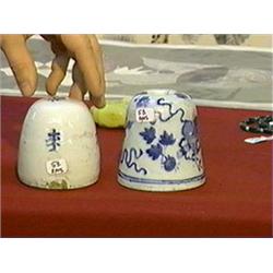 Two unusual and heavy, antique Chinese or possibly Korean, blue and white porcelain scroll weights, 