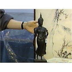 Well cast, old Thai bronze figure of a walking Buddha, good detailing, wood stand