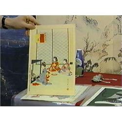 Group of four, antique Japanese woodblock prints by Shuntei Miyagawa, each depicting children at pla