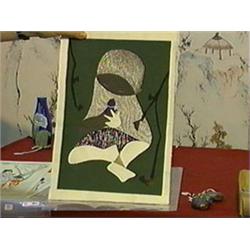 Good, Japanese woodblock print by Kawano Kaoru of a masked child with bird, signed with seal