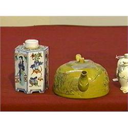 Two antique, Chinese ceramics: I-Hsing-type tea pot with moulded figures in river scene, seal mark; 