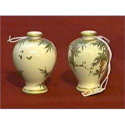 Pair of old miniature Japanese Satsuma vases (small rim repair to one): wisteria and bamboo designs,