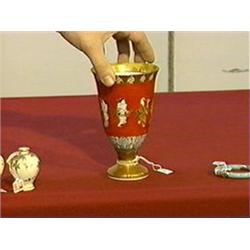 Antique, Japanese Kutani enameled and gilt porcelain chalice with dancing figures, crane and brocade