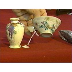 Old Japanese Satsuma cup with butterfly handle (repair), signed Kinkozan and an old miniature vase w