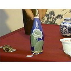 Small, Japanese enameled studio porcelain vase of elongated ovoid form with well-detailed lily on co