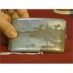 Old, Japanese sterling silver cigarette case with well-detailed mixed metal Fujisan and temple desig