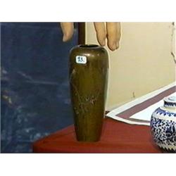 Antique Japanese, mixed metal inlaid bronze vase of elongated ovoid form with rooster in prunus tree