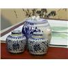 Image 1 : Group of three, blue and white porcelain covered jars: pair of small Chinese ovoid with scrolling lo