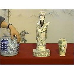 Large Chinese carved and polychrome scrimmed, mosaic appliqué bone bearded sage with scroll, matchin