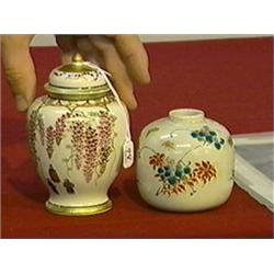 Small old Japanese Satsuma jar and cover with wisteria and a jarlet with butterflies and flowers (sm