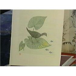 Two Japanese prints: etching of a bird by Minami Keiko, #7/50, 1970, pencil signed; and a large wood