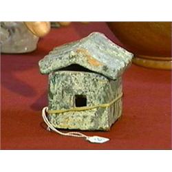 Small, Chinese Han Dynasty, iridescent green glazed pottery model of a house (chips)