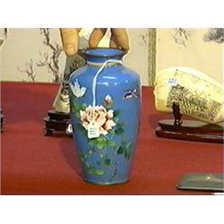 Old, Japanese turquoise-ground cloisonné enamel vase of ovoid form and with well-detailed pink rose 