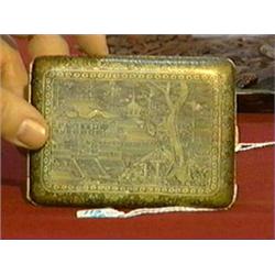 Two elaborately detailed, old Japanese gold damascene inlaid cigarette cases: larger with temple and