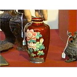 Old, Japanese "pigeon blood" cloisonné enamel vase of ovoid form with pink rose motif over an emboss
