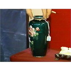 Old, Japanese deep green cloisonné enamel vase of good ovoid form with pink rose motif on a bamboo d