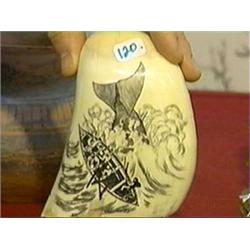 Well-detailed, scrimmed whale's tooth with whale tipping over men in a dinghy design (minor crazing)