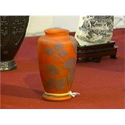 Small purple over red "cameo" glass vase of ovoid form with berry bush designs