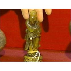 Old and well-carved, Chinese horn figure of standing Shou Lao holding his child attendant, good deta
