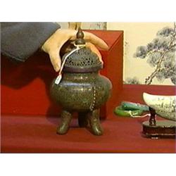 Old, Chinese cloisonné enamel koro and cover with scrolling lotus designs and archaistic flanges, th