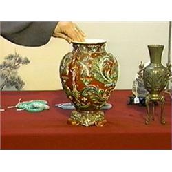 Large and old, Japanese Satsuma-type vase with bold raised foliage designs and two naturalistic form