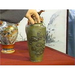 Tall, antique Japanese mixed metal inlaid bronze vase with attractive bird and floral designs (clean