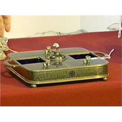 Old, Chinese cloisonné enamel opium set with all over scrolling foliage designs on a black ground, i