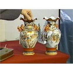 Pair of antique, Japanese Kutani enameled porcelain vases with peacock amid flowers designs, foliate